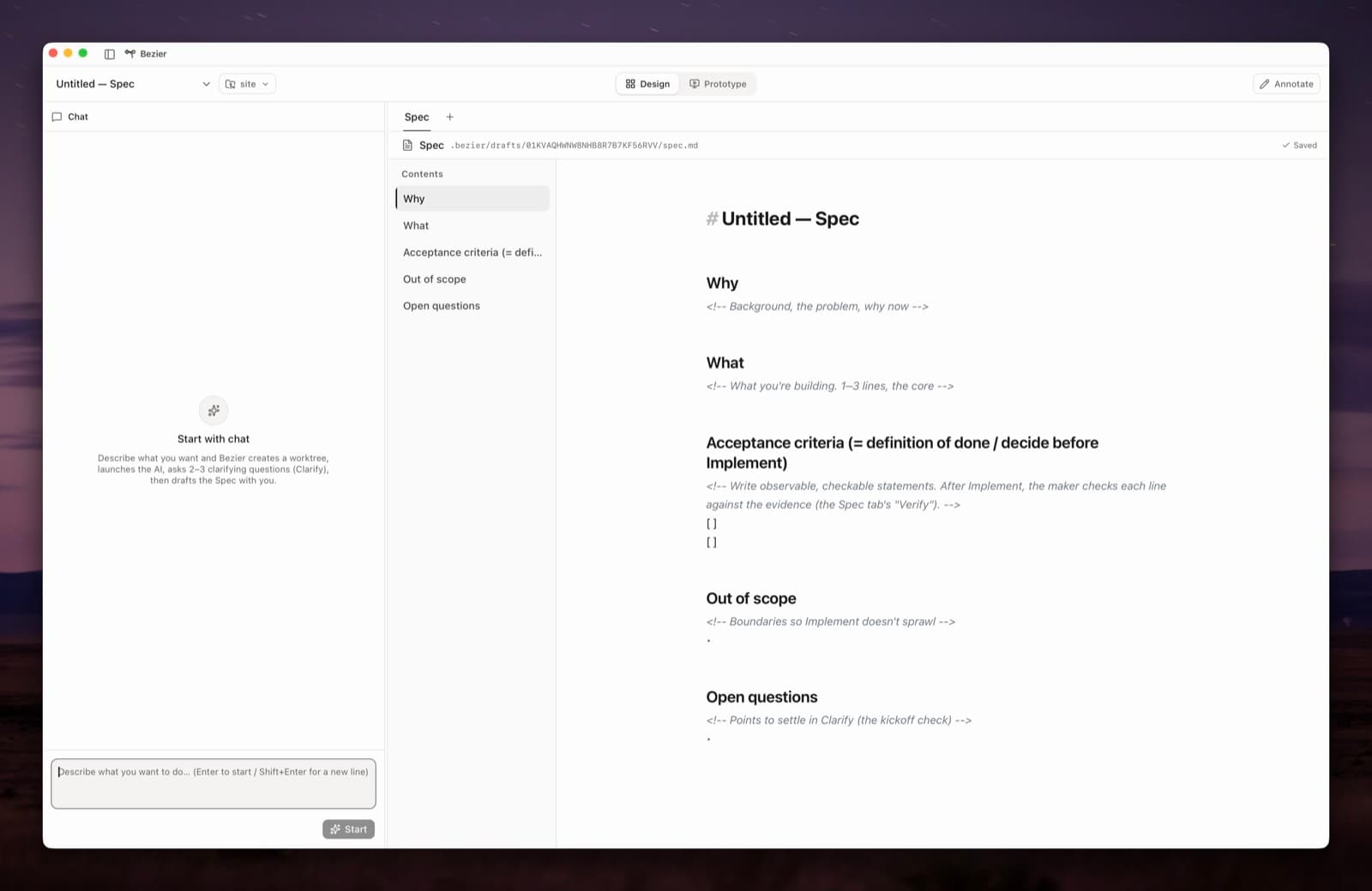 Bezier turning a chat into a spec — the chat panel on the left, the drafted spec on the right.