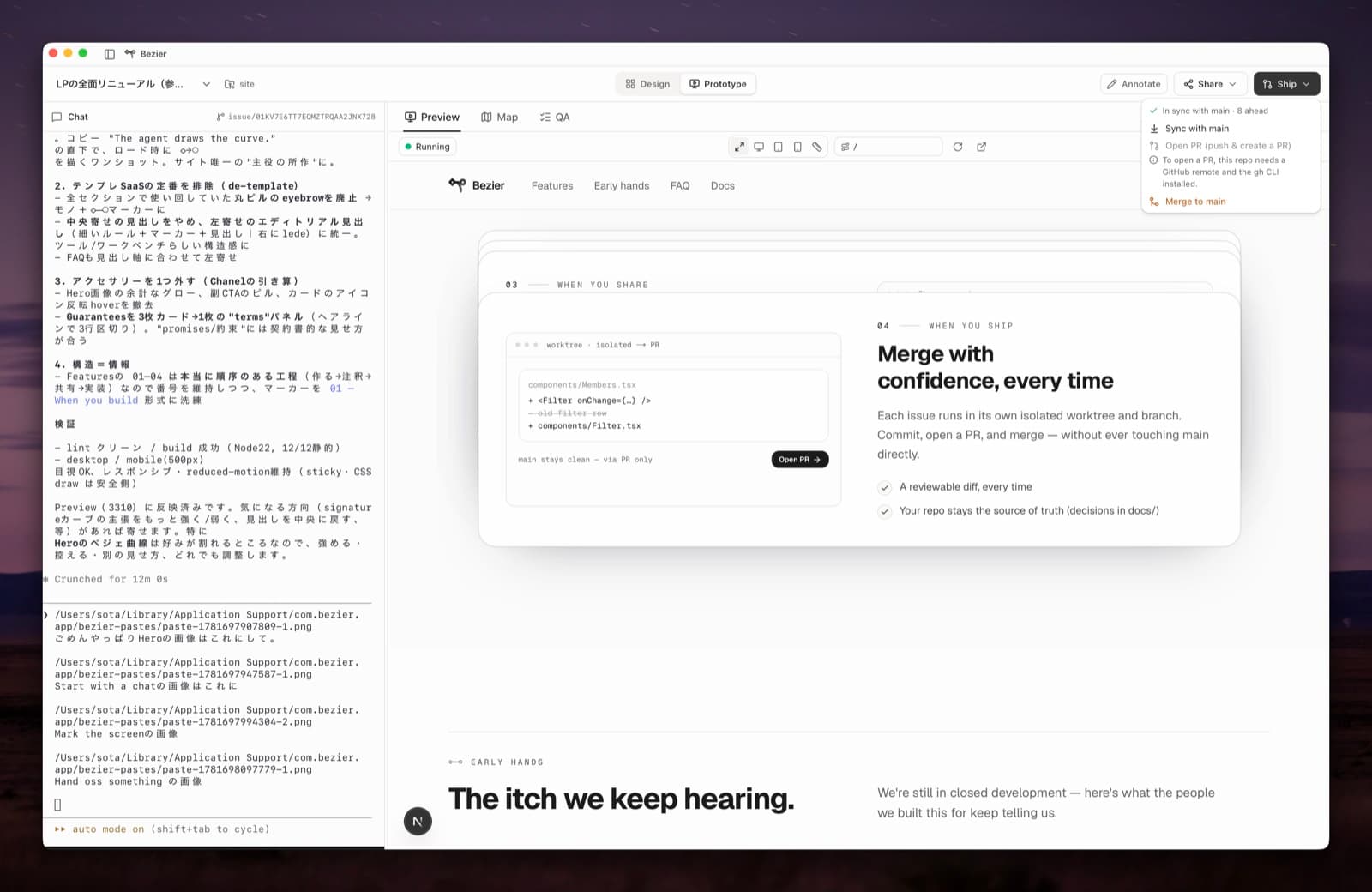 Reviewing a diff and opening a PR from an isolated worktree in Bezier.